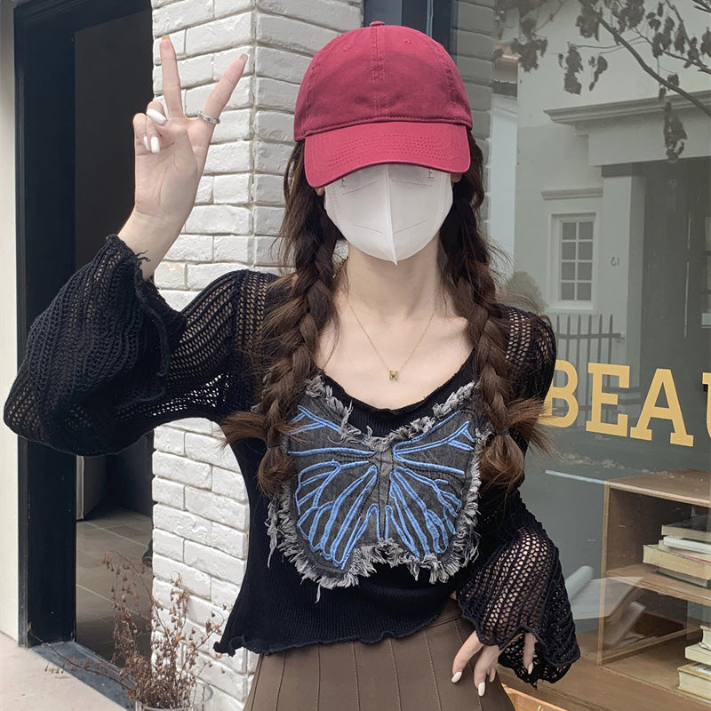 Dopamine tops Free shipping Tattoo Blue short top women's summer sweet and spicy tulle sunscreen blouse backing autumn wear dopamine music festival long-sleeved T-shirt