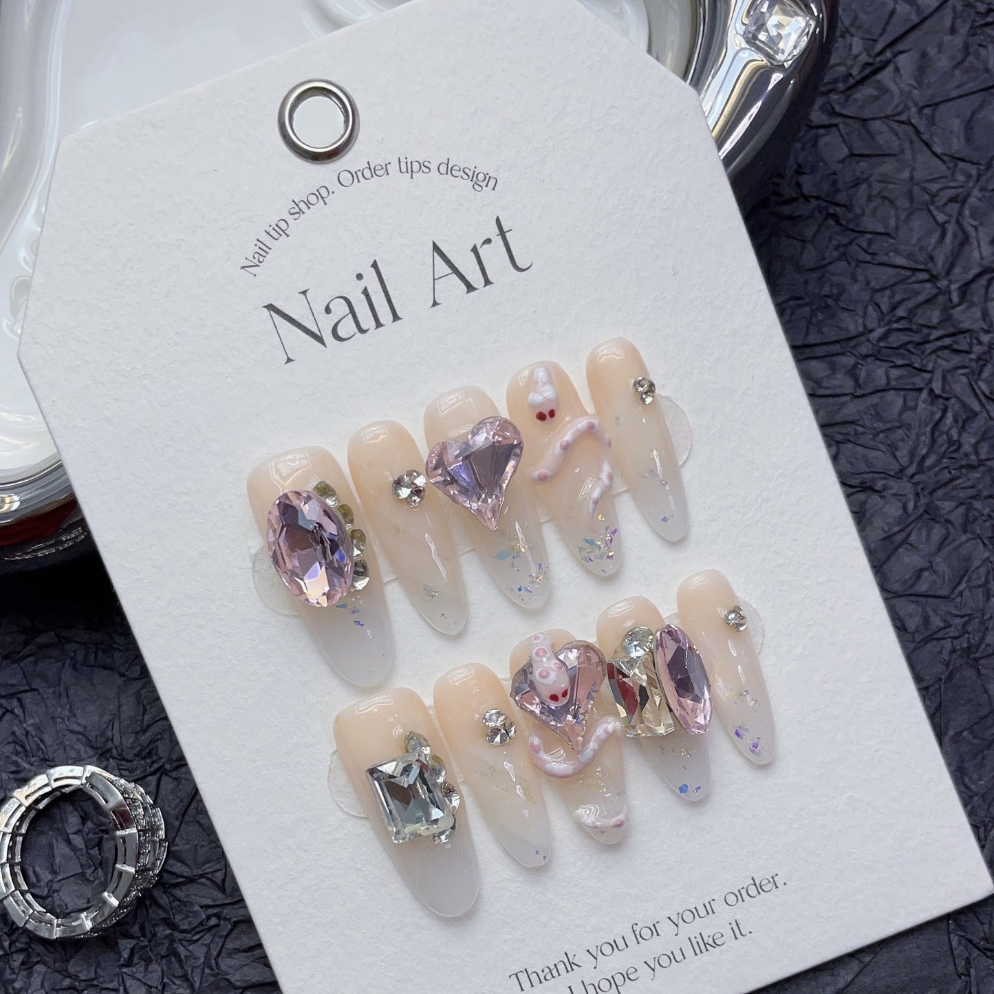 (Hand-Made Nail) Wear Nail Handmade Finished Nail Beauty Fake Nail Patch Niche Advanced Pink Baby Snake Ice Transparent Nude Color Flashing