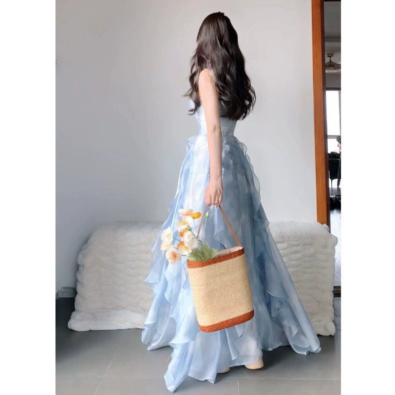 Fashion women's wear Seaside Vacation Style Blue Sling Dress Female Summer New Super Nice Niche Design French Fairy Skirt