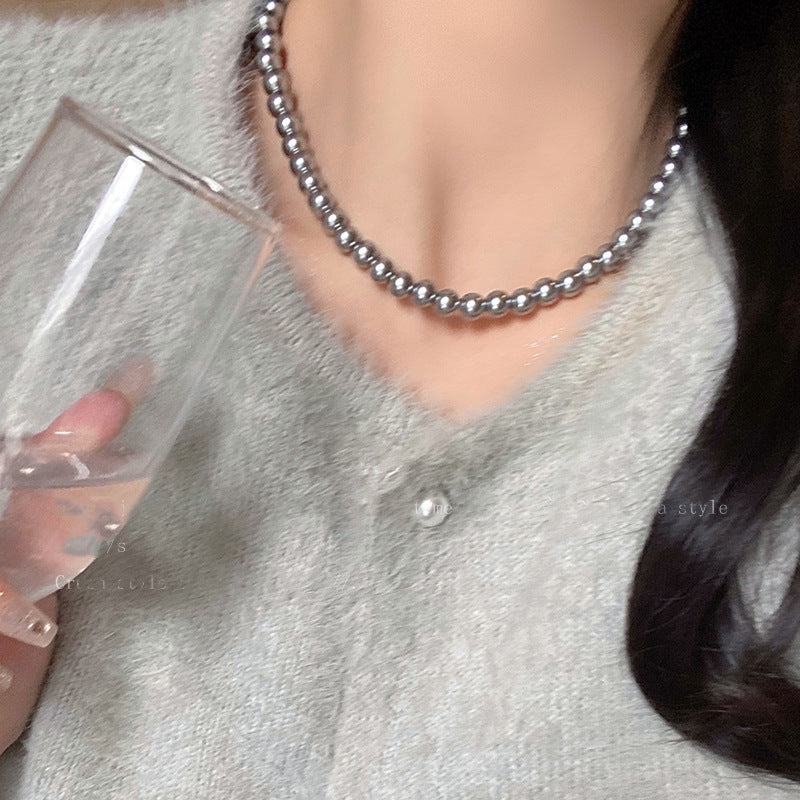 施家灰珍珠毛衣项链女轻奢气质锁骨链小众设计高级感叠戴饰品批发