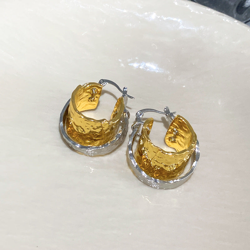 珠宝首饰新款褶皱圆圈双层耳扣时尚金属感气质耳环个性设计创意耳饰批发女