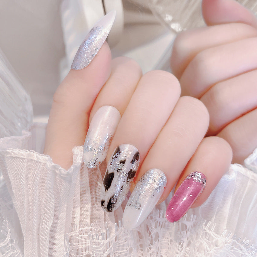 Fashion  nail European and American Wear Nail Polish Gradient Milky White Blooming Shimmering Powder Sequins Wear Nail Wearable Nail Patch A63