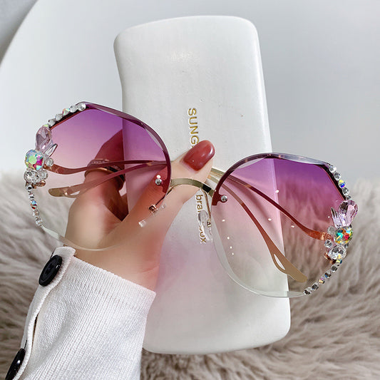 Women's fashion glasses 2024大框跨境韩版水钻太阳眼镜防紫外线水晶墨镜镶钻小香风眼镜女
