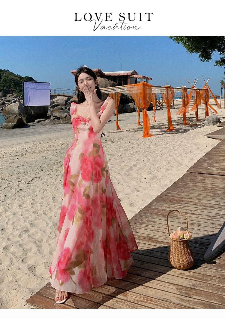 Fashion women's wear Tea Break French Chiffon Sling Dress Fairy Summer Sanya Seaside Vacation Beach Swing Long Dress Elegant
