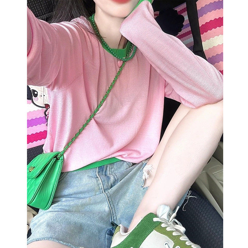 Dopamine tops Free shipping Tattoo Dopamine pink ice silk knitted sunscreen air-conditioning blouse women's summer thin breathable temperament shawl top
