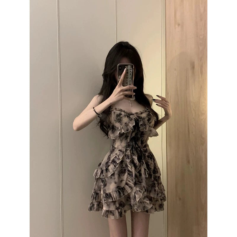 Fashion women's wear French Ink Floral Strap Dress Women's Waist-Tight Dignified Sense of Design Niche Pure Hot Girl Short Skirt Summer