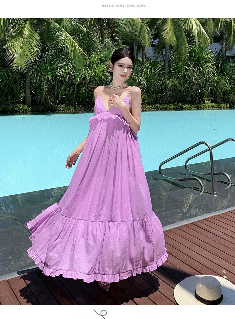 Fashion women's wear Fabric Romantic Lace Dress V-neck Comfortable Loose Vacation Suspender Dress Chic Beautiful Purple Dress