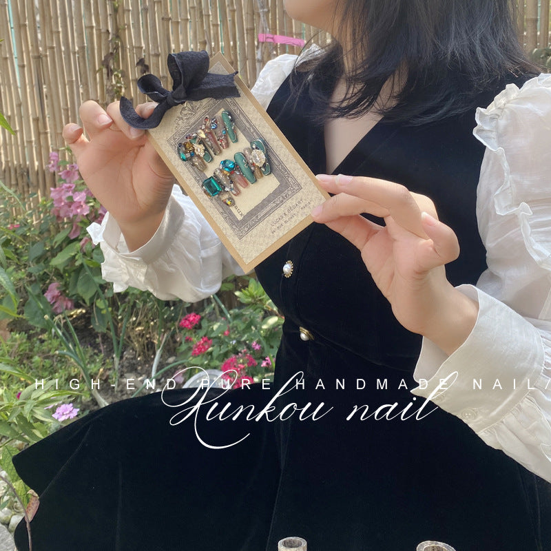 (Hand-Made Nail) Handmade Wear Nail Factory Straight Hair Quicksand Manicure Green Fat Red Thin Gem Box Flash Dragonfly Diamond in the Debris Flow Hemp