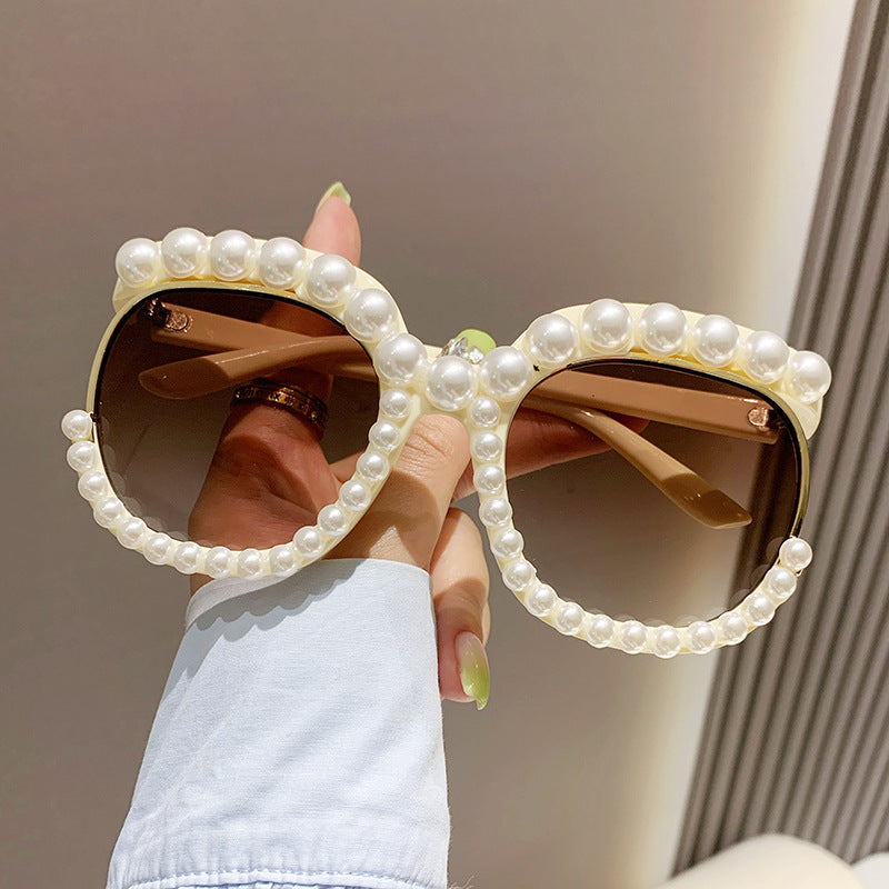 Women's fashion glasses 欧美跨境2023新款镶珍珠无框太阳镜女时尚个性夸张影楼拍照墨镜