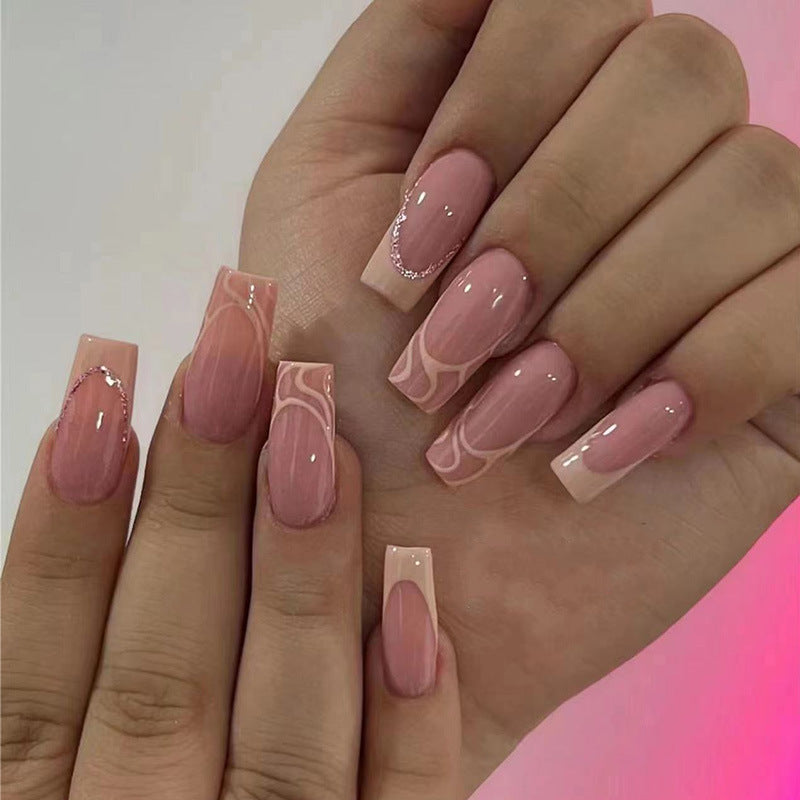 奶咖法式穿戴甲裸色nails 线条跨境美甲片外贸假指甲长甲美甲贴片