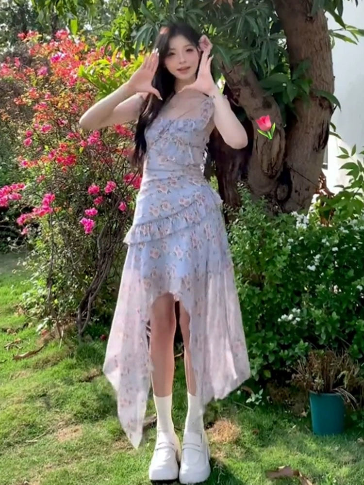 Fashion women's wear French Style Irregular Design Floral Strap Dress Women's 2024 Summer New Sweet Small Long Skirt