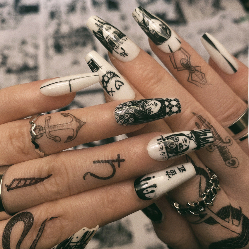 Fashion  nail European and American Wearable Fake Nails Cartoon Wansheng Nail Nail Sticker Finished Detachable Nail Tip Patch Ballet Nail W8