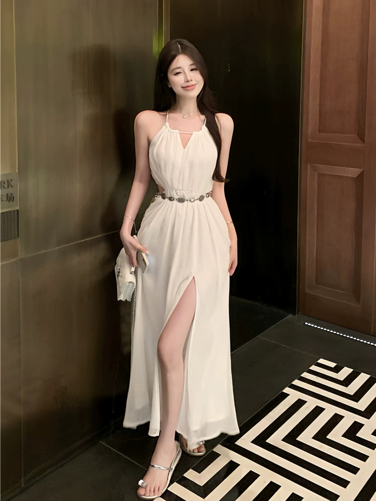 Fashion women's wear French Style Temperament White Halter Sling Dress Women's Summer Super Fairy Midriff Outfit Seaside Vacation Sanya Beach Dress