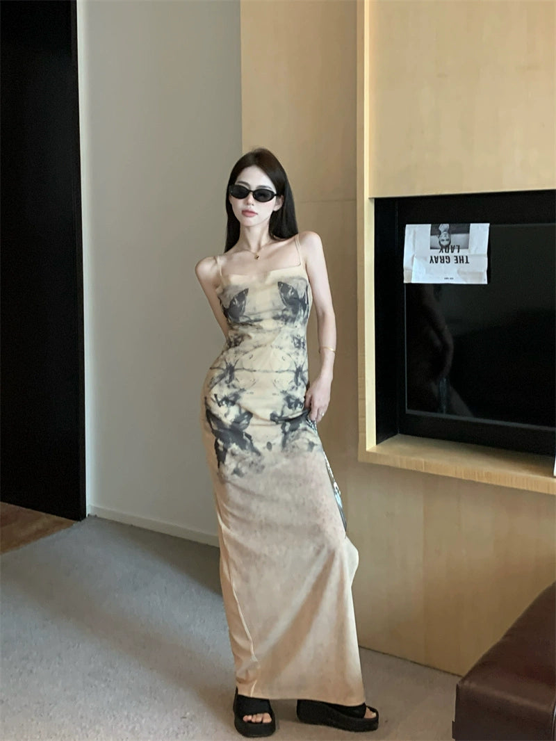 Fashion women's wear Women's French-Style Tie-Dyed Printed Suspender Dress Summer Elegant Waist Slimming Sexy Sheath A- line Dress for Hot Girls
