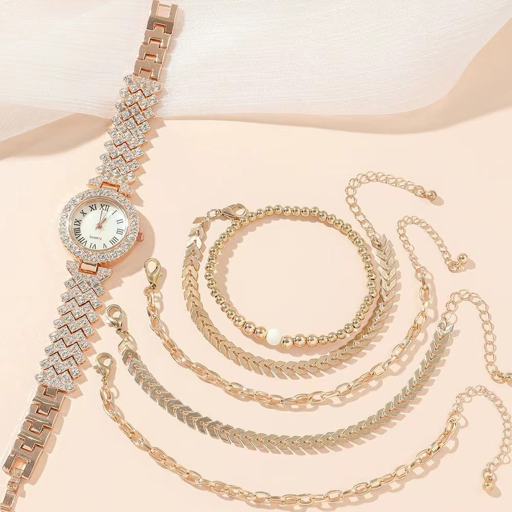 Fashion women's watch2023 New Foreign Trade Cross-Border Hot Casual Fashion Diamond-Embedded Simple Roman Pattern Women's Watch Six-Piece Gift Box