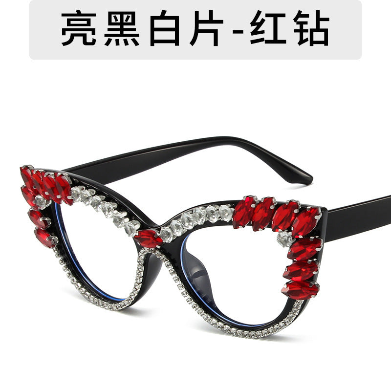 Women's fashion glasses 2023秋季新款欧美猫眼镶钻防蓝光平光镜跨境时尚网红 ins装饰眼镜