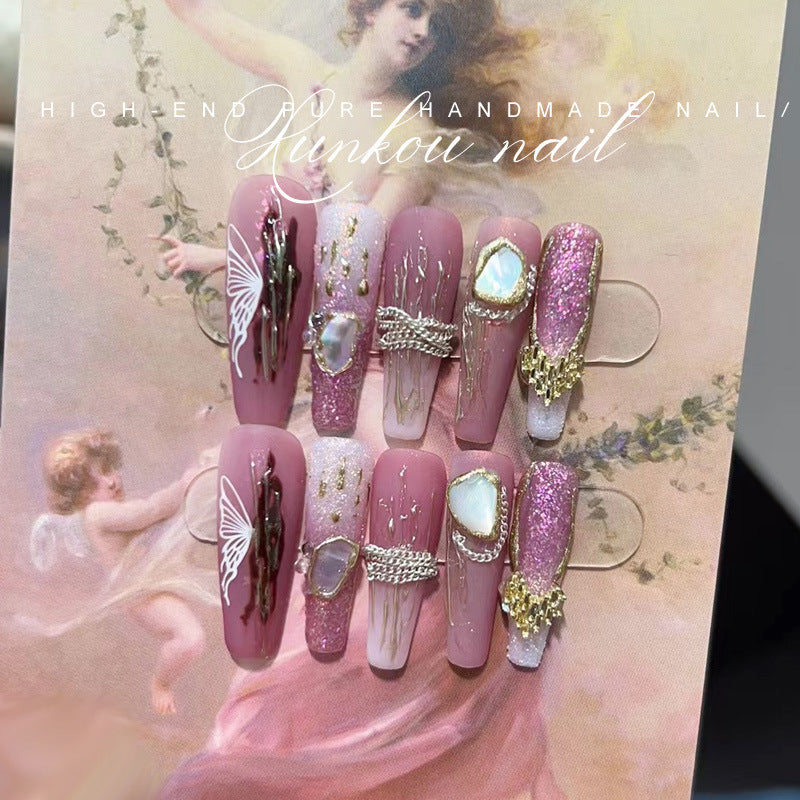 (Hand-Made Nail) Nail Fairy Flashing Pink Gradient Butterfly Chain Irregular Shell Gentle Blooming Handmade Wear Nail