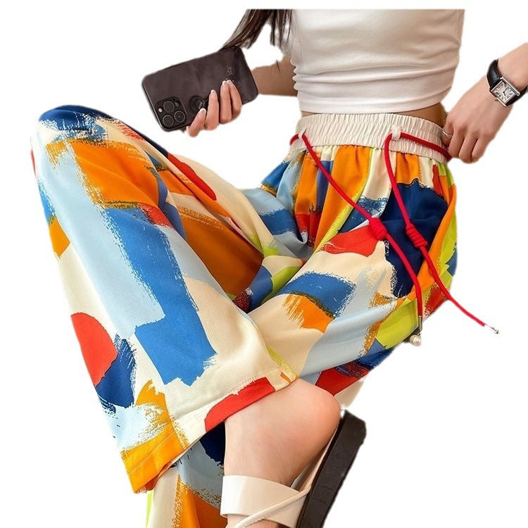 Free shipping  tie-dye wide-leg pants women's 2023 summer thin colorful dopamine drape thin straight casual pants tide