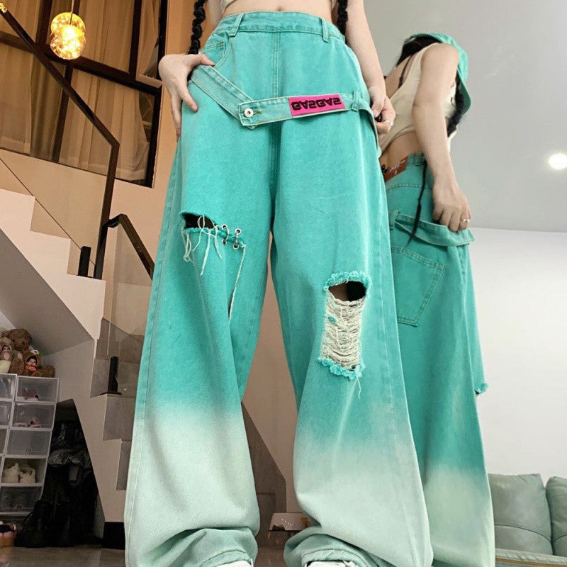Dopamine pants Free shipping Tattoo Gradual change color ripped dopamine wear jeans women's summer new high waist thin loose meat wide leg pants tide