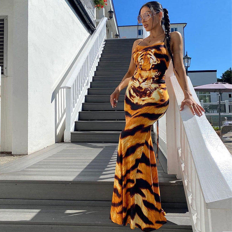 Free shipping  New Sleeveless Suspender Tiger Print Sexy Lace-up Halter Women's Long Dress