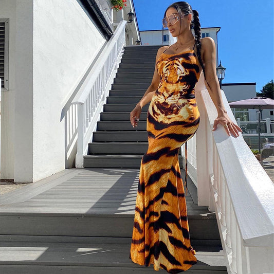 Free shipping  New Sleeveless Suspender Tiger Print Sexy Lace-up Halter Women's Long Dress