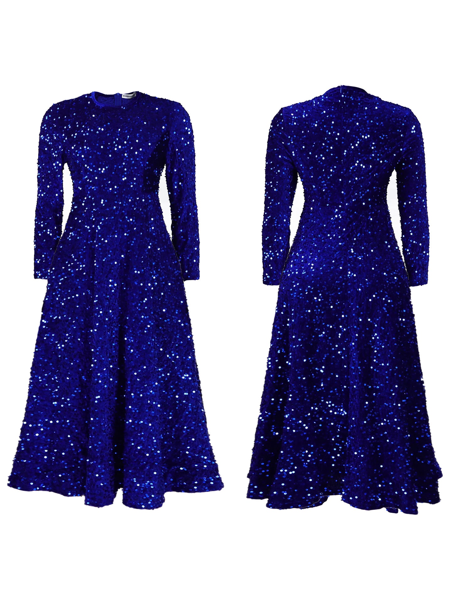 Fashion women's wear D469 Cross-Border New Arrival Women's round Neck Long Sleeve Pure Color Sequins High Waist Temperament Mid-Length Formal Dress European and American Style Dress