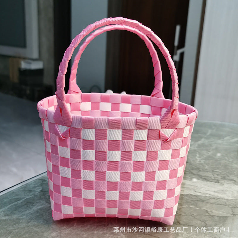 Dopamine Bag Free shipping Tattoo Cartoon dopamine plastic woven bag, trendy macaron hand-woven vegetable basket bag, cute casual seaside beach bag
