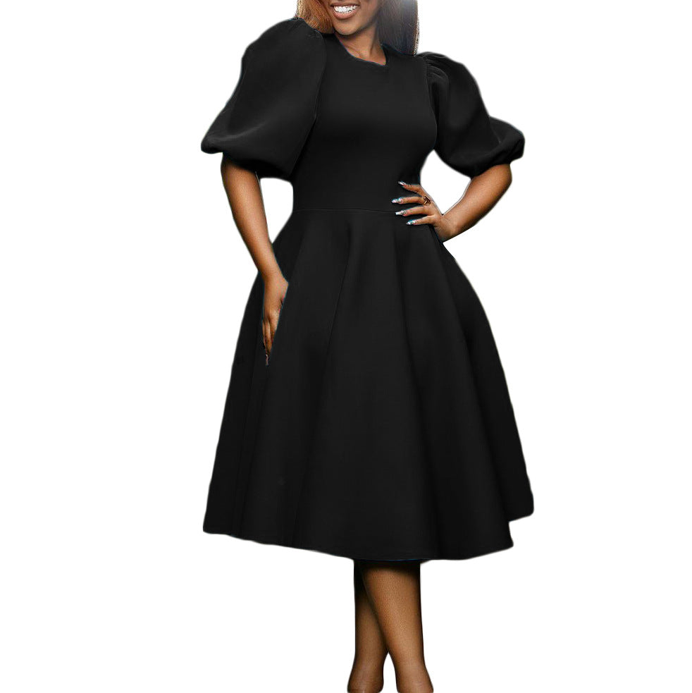 Fashion women's wear Cross-Border European and American Amazon Summer round Neck Graceful Puff Sleeve Waist-Controlled Large Hem Elegant A- line Foreign Trade Dress