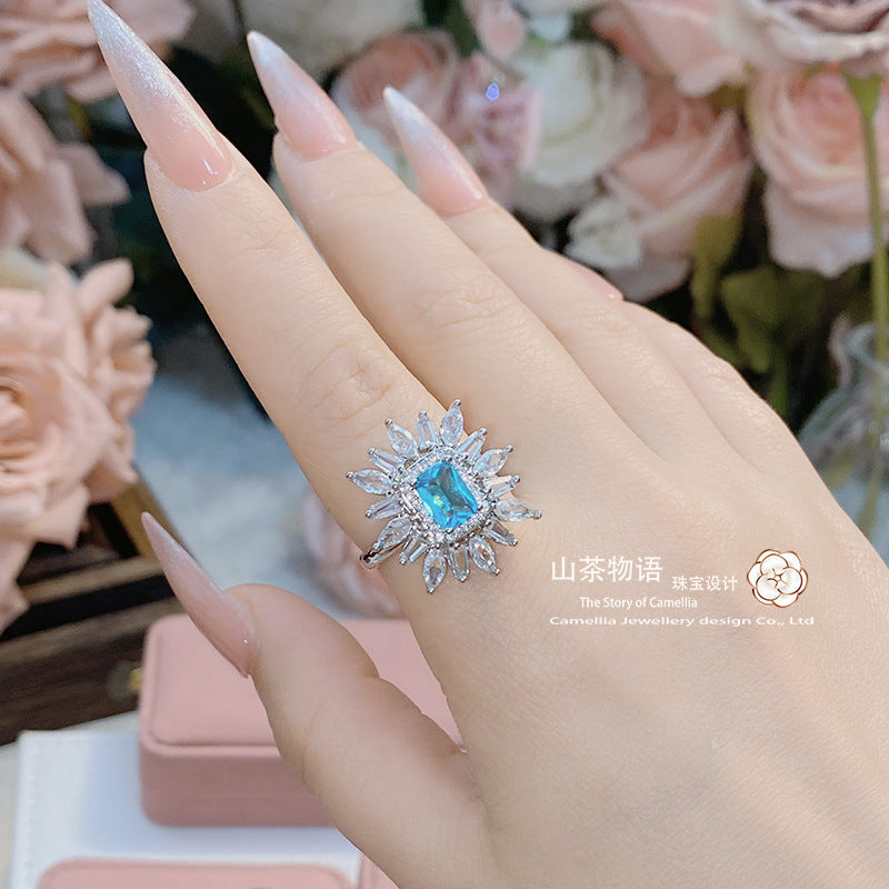 Camellia塞纳河畔浅海蓝宝石戒指女 Vintage镀金微镶锆石花梦指环
