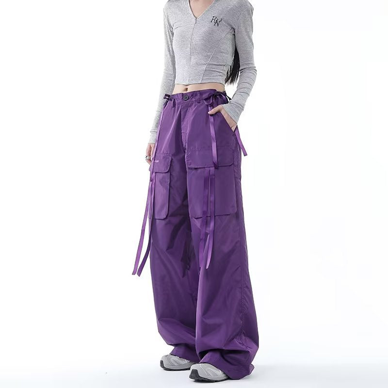 Dopamine pants Free shipping Tattoo 2023 new retro purple overalls women's dopamine wear Spice Girl tide brand design loose straight casual pants