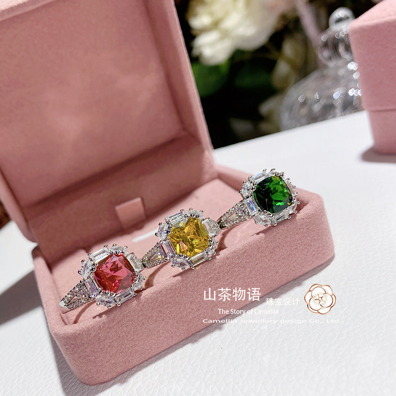 山茶奢华高端仿天然绿碧玺彩色宝石开口戒指 华丽气质方形锆戒指