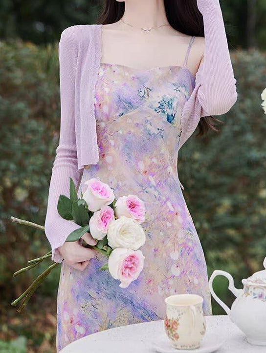 Dopamine dress Free shipping Tattoo S summer dopamine a whole set of gentle purple suit French sweet suspender dress floral long dress