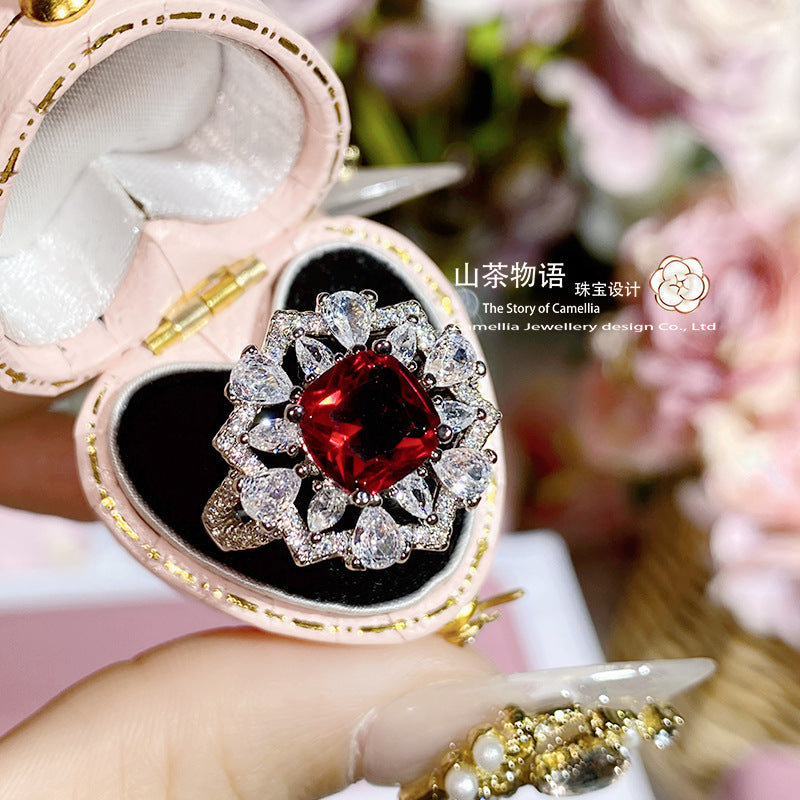 Camellia直播同款彩宝戒指 镀金微镶满钻红蓝刚玉绿尖晶复古指环