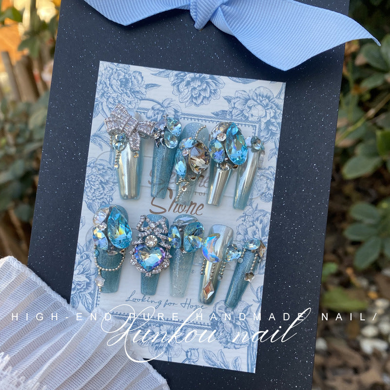 (Hand-Made Nail) Handmade Wear Nail Manicure Heavy Work Light Luxury Blue Star River Flash Diamond Ice Transparent Blooming Bow Hand Painted