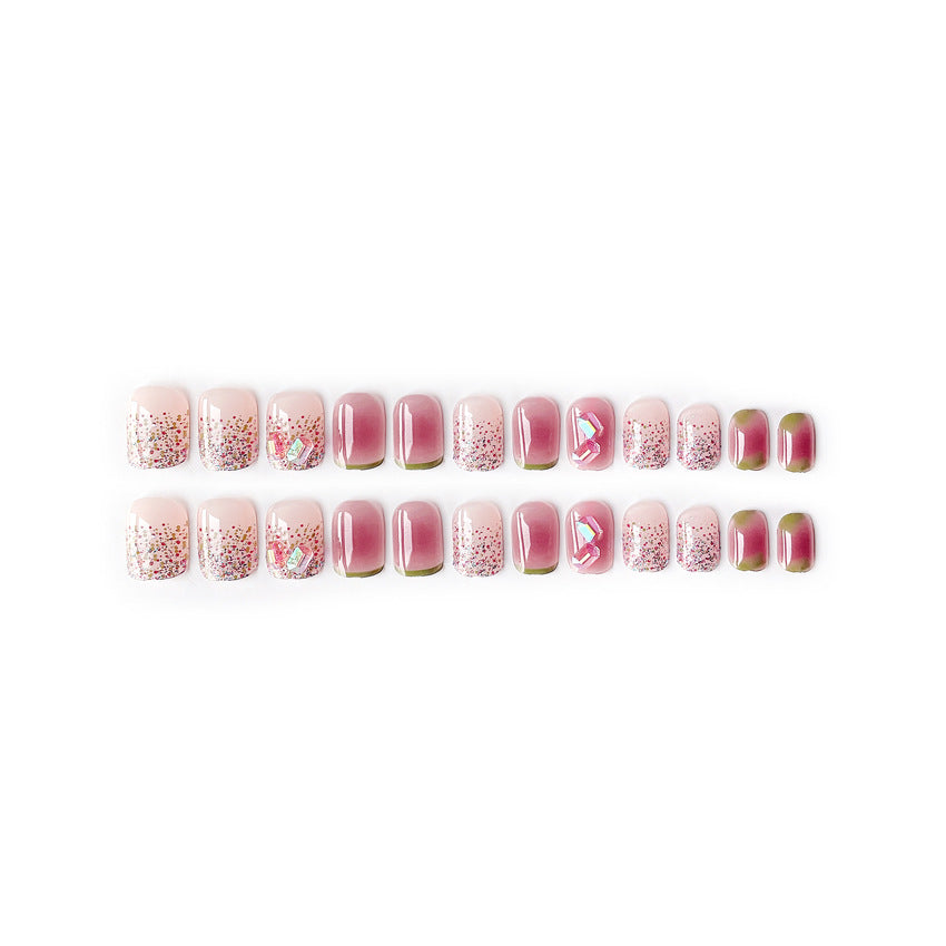 Fashion  nail Internet Celebrity Fake Nail Patch Wear Armor Finished Product Nail Tip Blush Cube Sugar Drill Nail Stickers Disassembly Nail Patch Y57