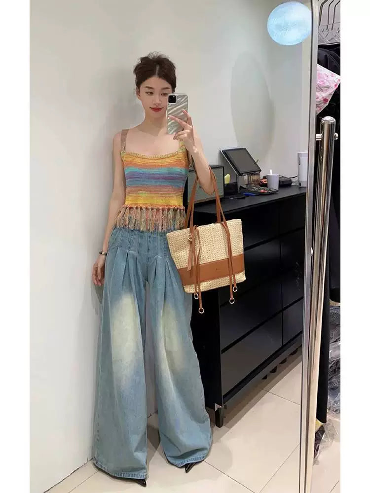 Fashion women's wear Summer New Women's Seaside Holiday Rainbow Color Strap Dress Classic Style Set Matching Age-Reducing Suit Skirt