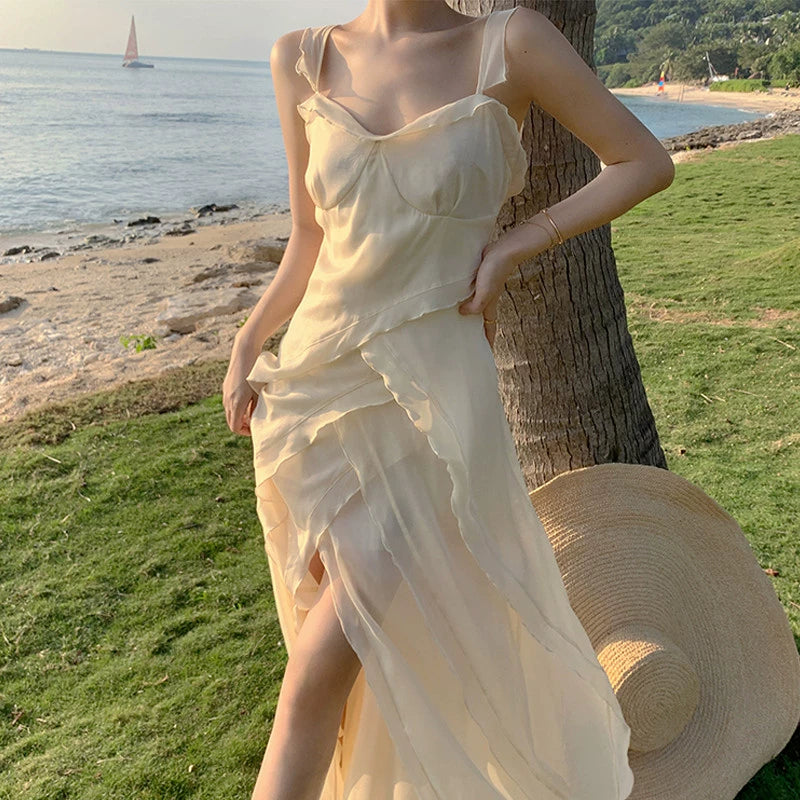 Fashion women's wear French Fairy High-Grade Green Suspenders Dress Ruffled Temperamental Fairy Split Seaside Holiday Beach Dress