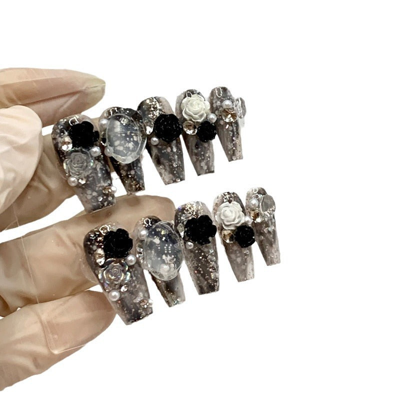 Hand-Made Nail Mid-Length Heavy Industry Stick-on Crystals Camellia Advanced Sense 2023 New Detachable Finished Nail Art