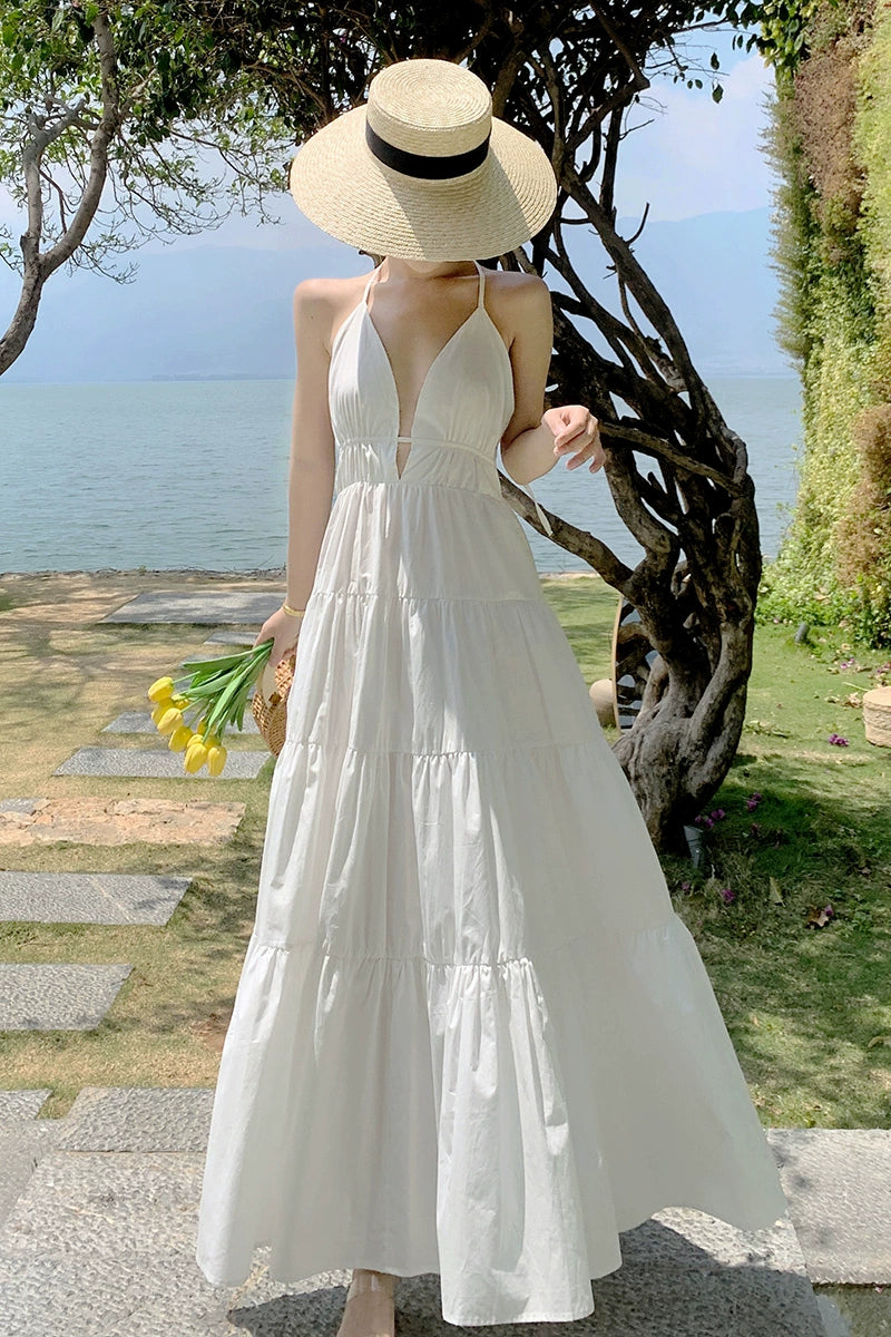 Fashion women's wear Yunnan Travel Photography Fairy Dress Orange Deep V-neck Backless Sling Dress Sanya Seaside Beach Skirt Female