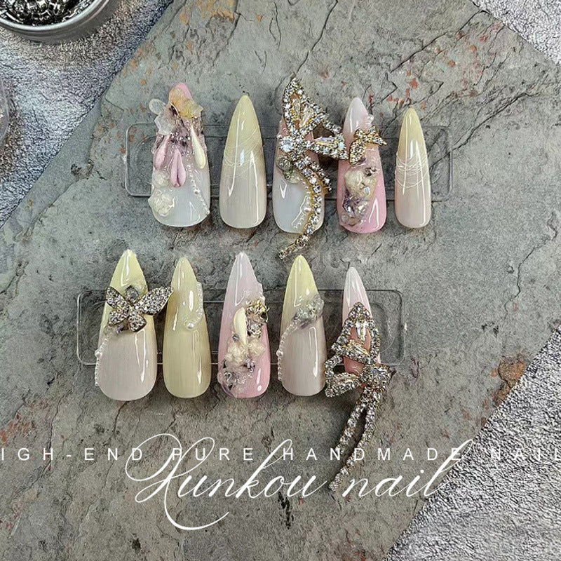 (Hand-Made Nail) Purple White Heavy Industry Secret Garden Flash Pink Diamond Pearl Sequins Hand-Worn Nail Beauty Ins Style Disassembly