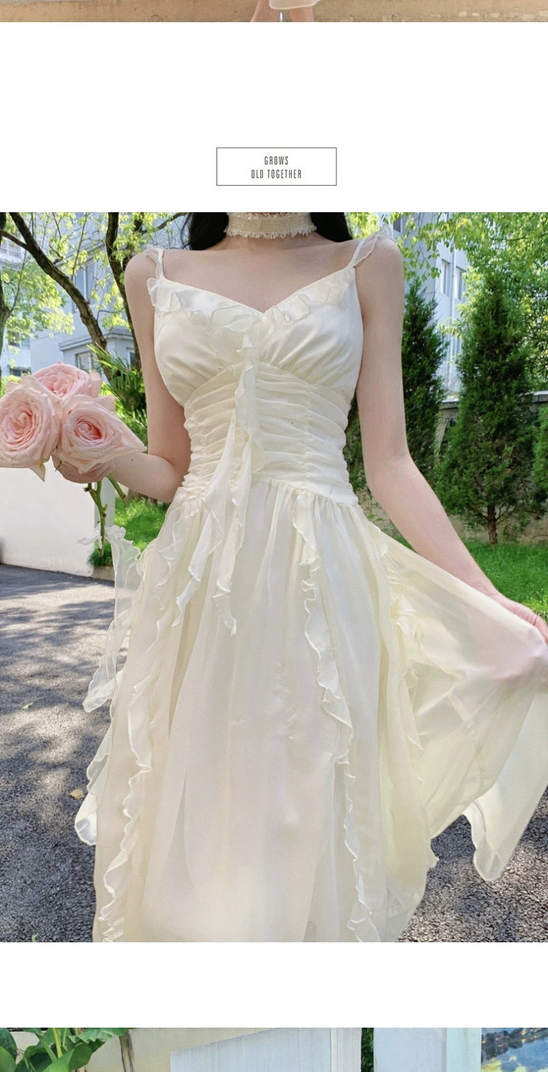 Fashion women's wear French Pure Desire Sexy White Ruffled Chiffon Sling Dress Fairy Seaside Vacation Escape Princess Long Dress