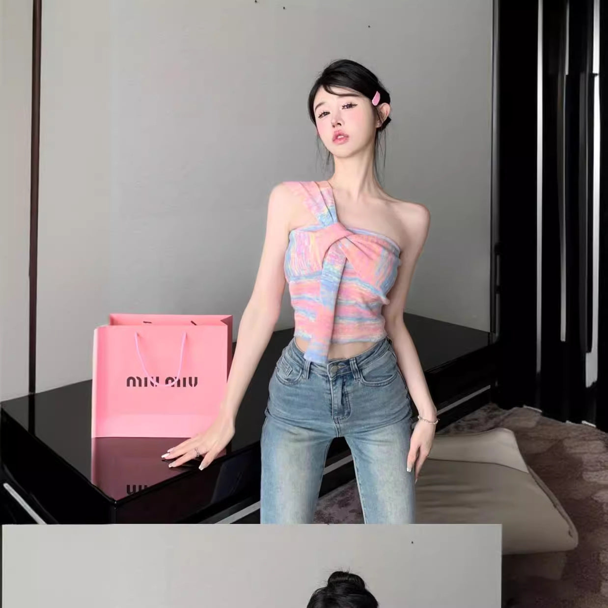 Dopamine tops Free shipping Tattoo Dopamine Color Striped Irregular Suspender Vest Women's Summer Outside Pure Desire Sweet Spice Girl Tube Top Bottom Top