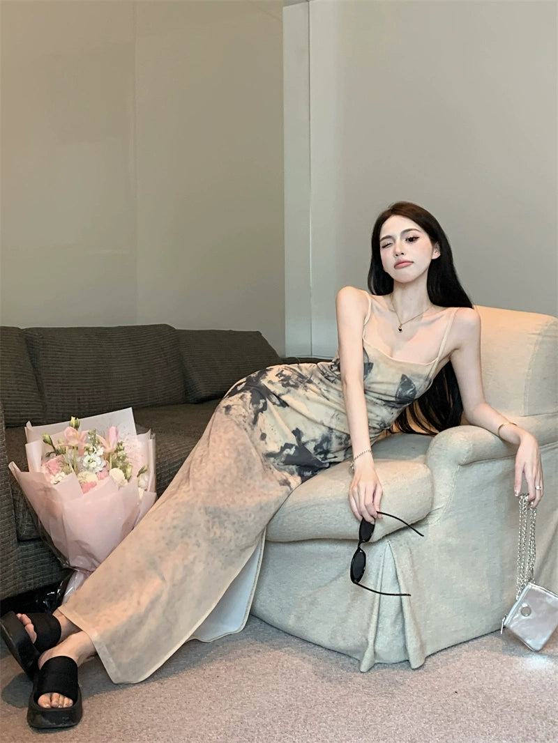 Fashion women's wear Women's French-Style Tie-Dyed Printed Suspender Dress Summer Elegant Waist Slimming Sexy Sheath A- line Dress for Hot Girls