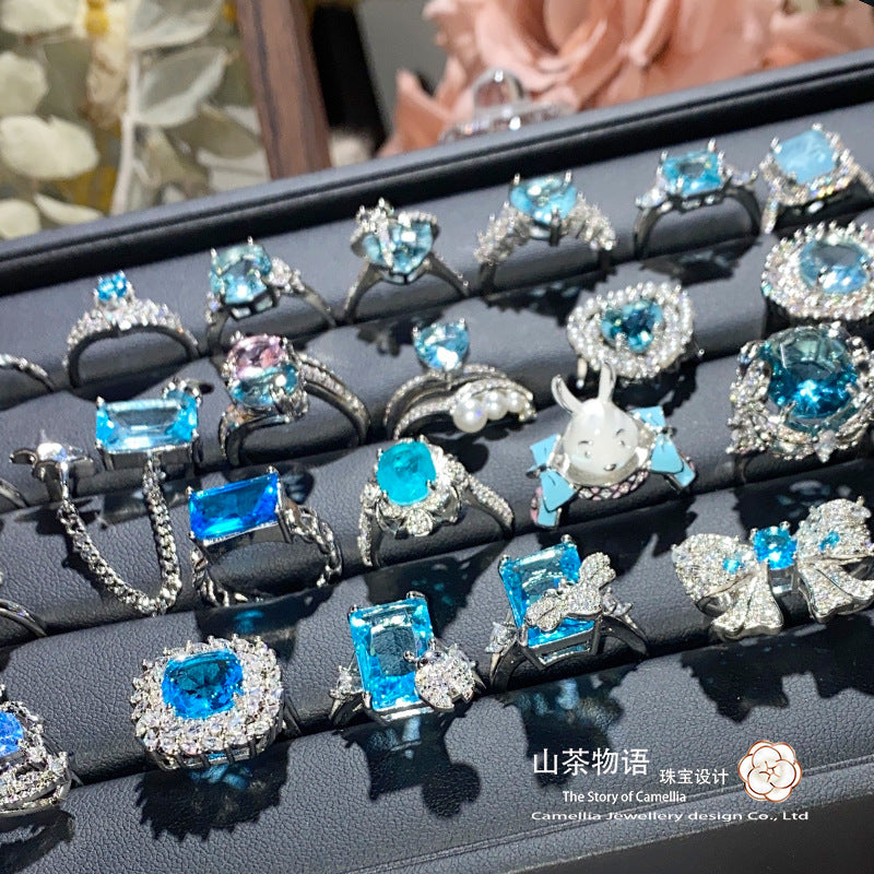 配饰戒指山茶湖光水影海蓝宝石系列戒指  镀金重工微镶爆闪夸张奢华开口戒