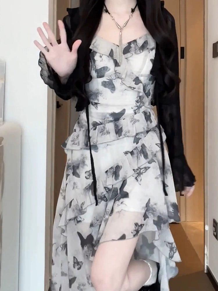 Fashion women's wear Matsumoto Funeral French Butterfly Skirt Floral Strap Dress Spring Summer Slim-Fit Slimming Irregular Ruffled Long Dress