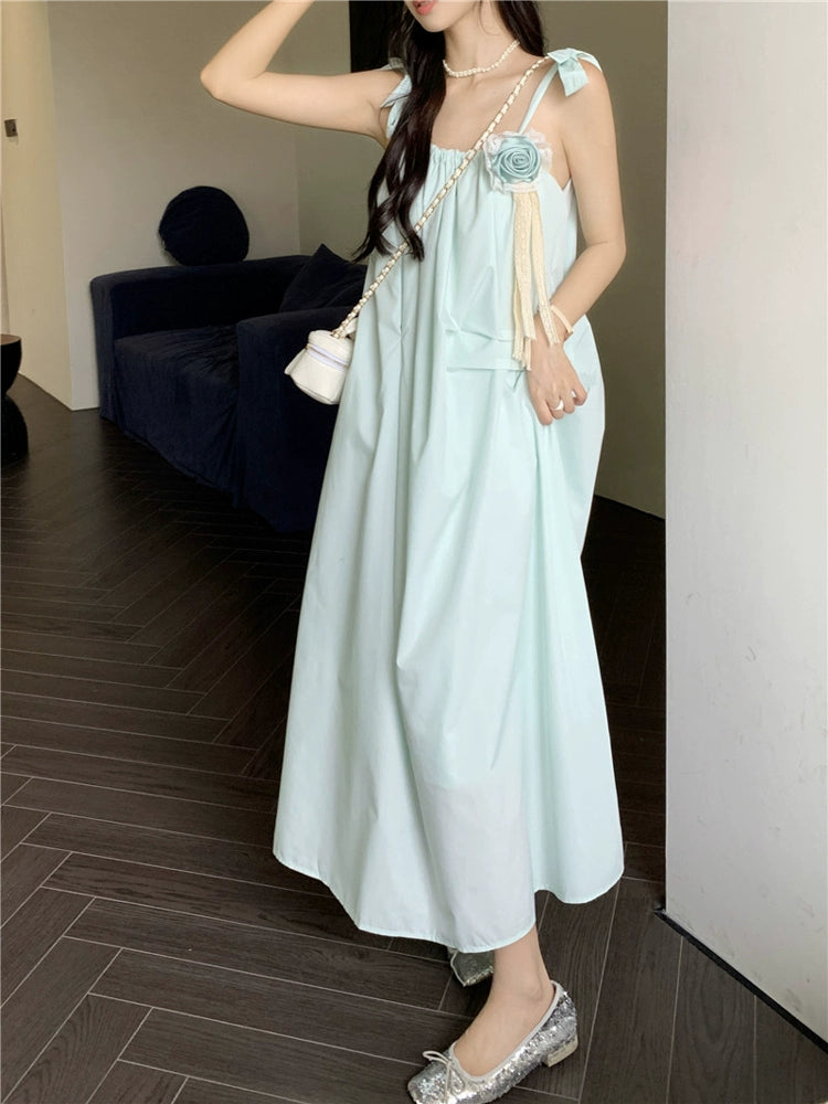 Fashion women's wear Mint Mambo Style French Strap Dress Female Early Spring and Summer Elegant High Sense Sanya Seaside Vacation Long Dress