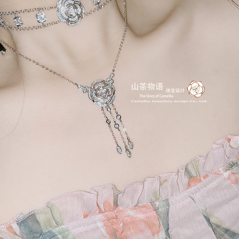 Camellia新品山茶花流苏水滴宝石项链女 镀金镶锆石玫瑰手链套装