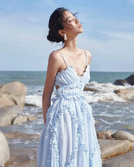 Fashion women's wear Vietnam Niche Design Seaside Holiday Ruffled V-neck Strap Dress Fitted Waist Backless Beach Dress Fairy