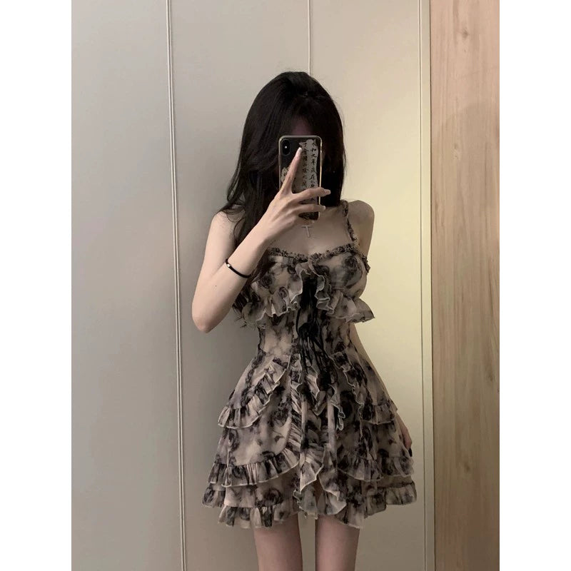 Fashion women's wear French Ink Floral Strap Dress Women's Waist-Tight Dignified Sense of Design Niche Pure Hot Girl Short Skirt Summer