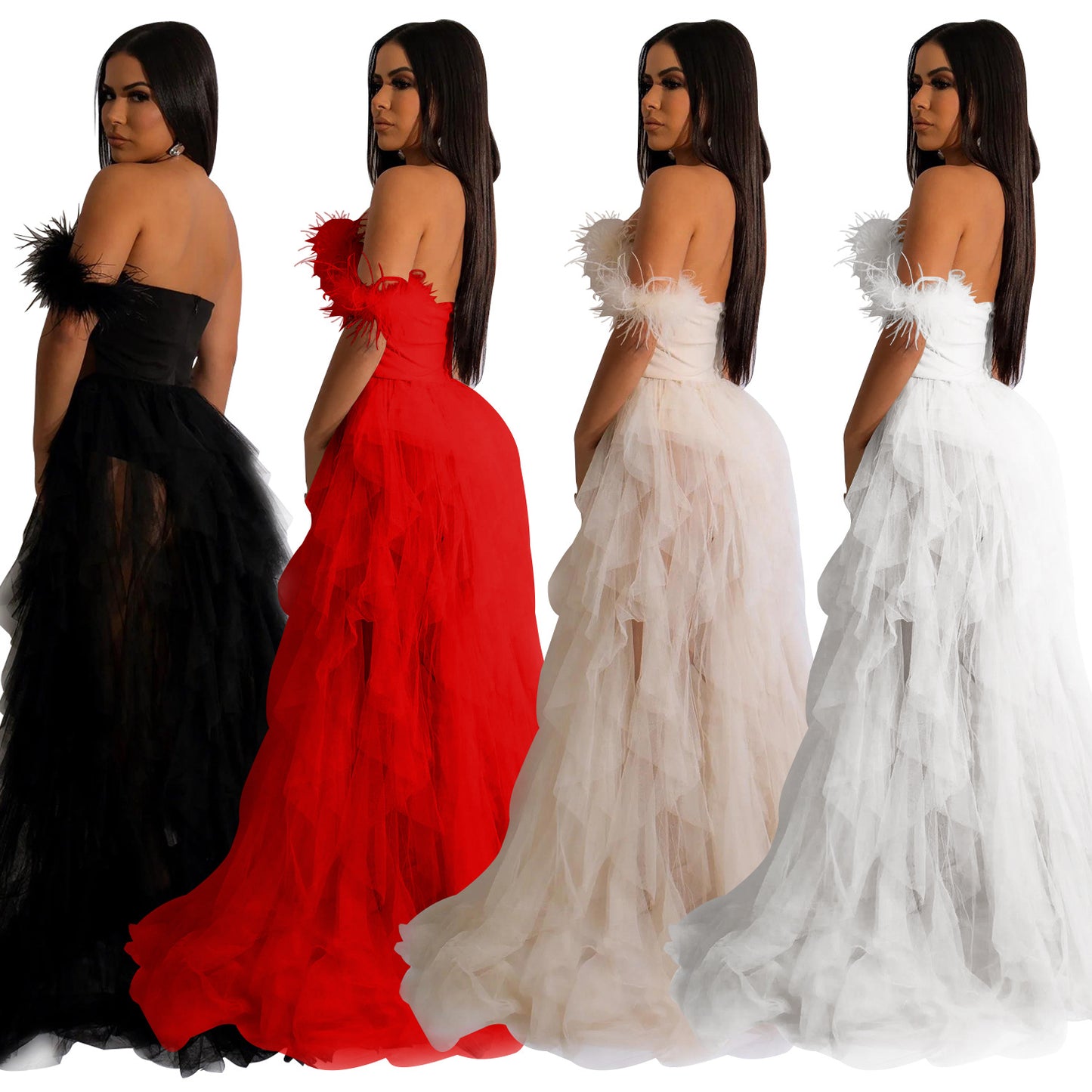 Fashion women's wear X6223 Cross-Border  Fashion Women's Wear Solid Color Sleeveless Chest Wrap Mesh Long Dress Dress